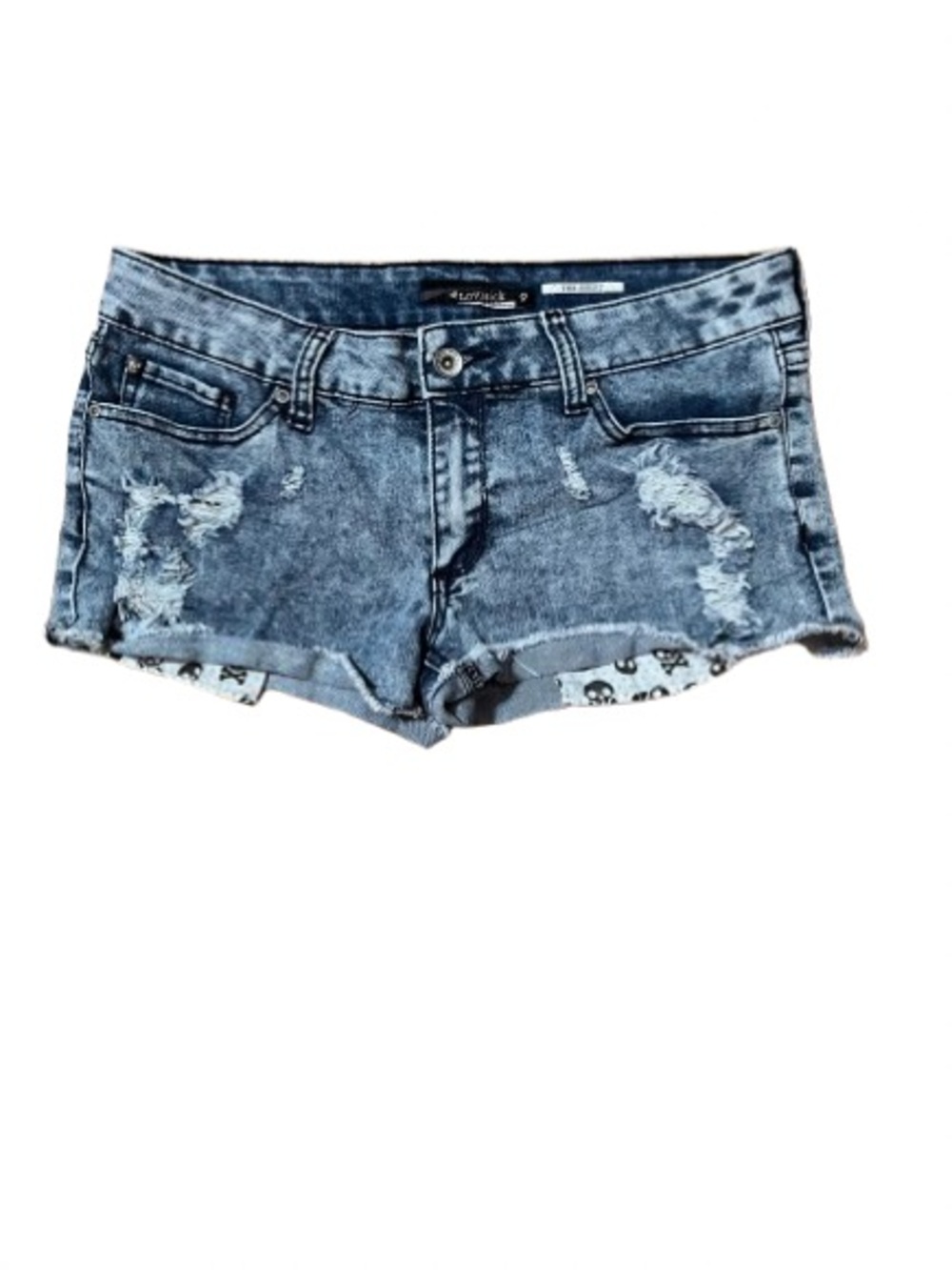 Lovesick The Short Distressed Blue Skull Denim Shorts - Women Size 9